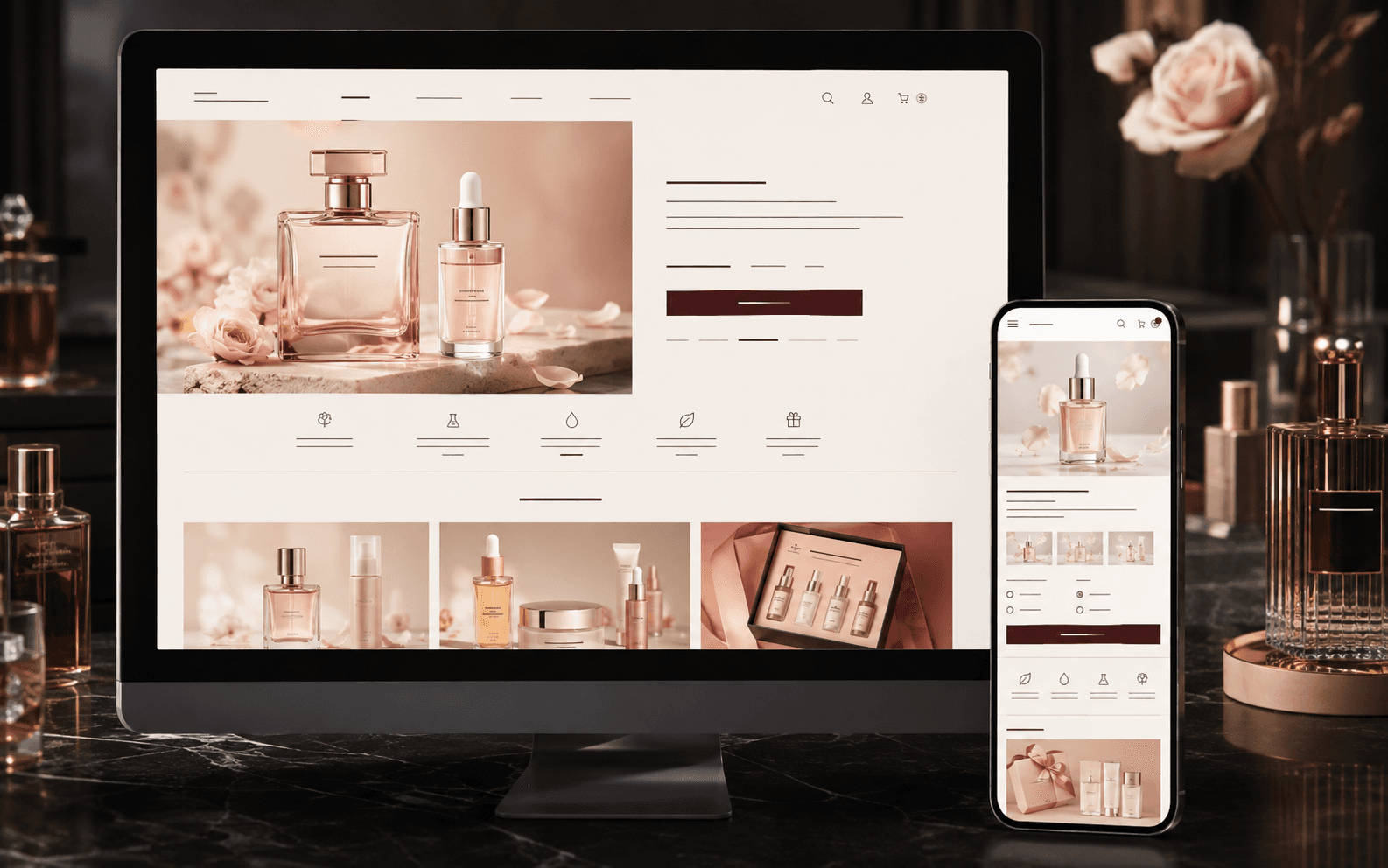 Mẫu website mỹ phẩm premium với serum, nước hoa, quà tặng và checkout trên đa thiết bị