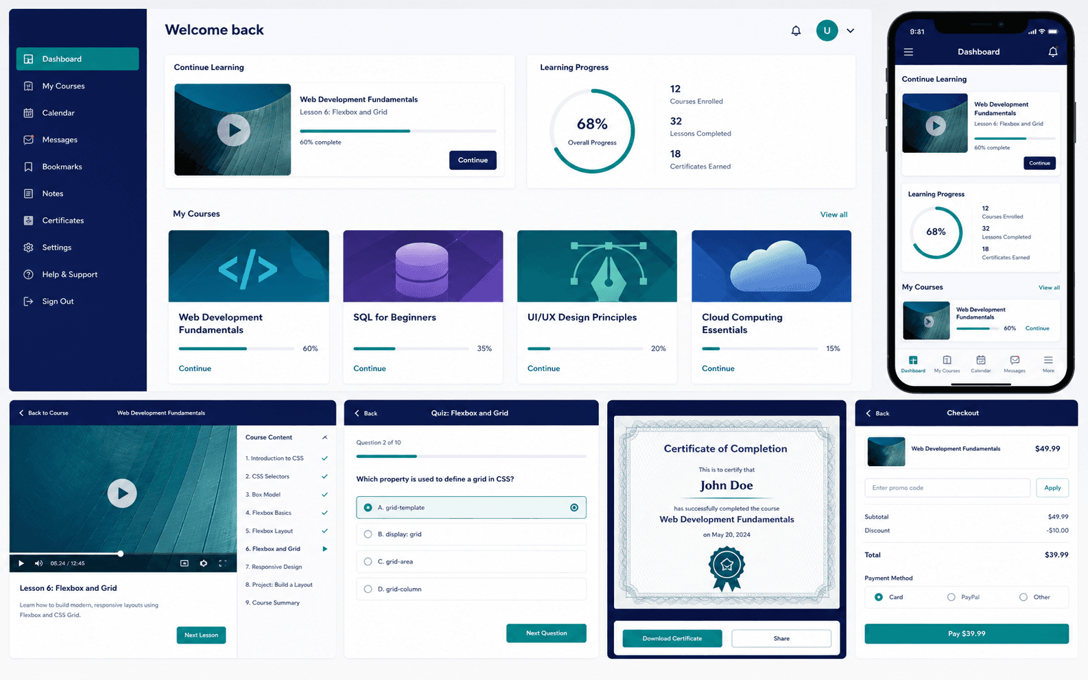 Mẫu website học trực tuyến có bài học video tiến độ và bài kiểm tra