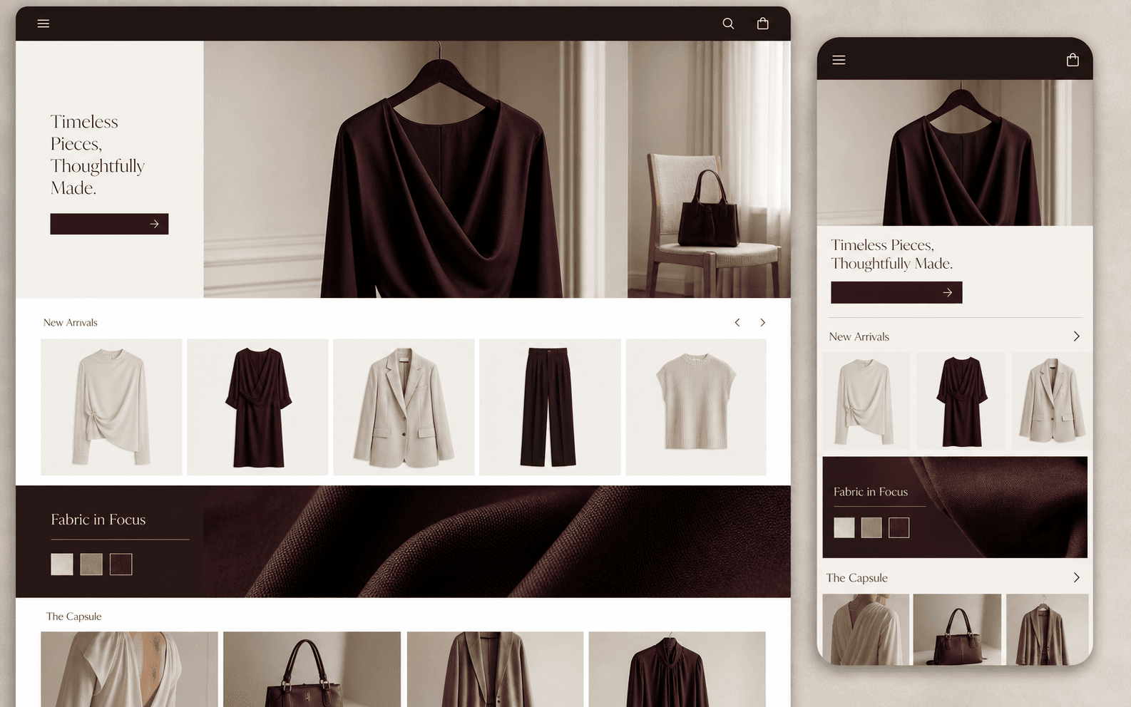 Mẫu website cửa hàng quần áo nữ premium với capsule collection và checkout