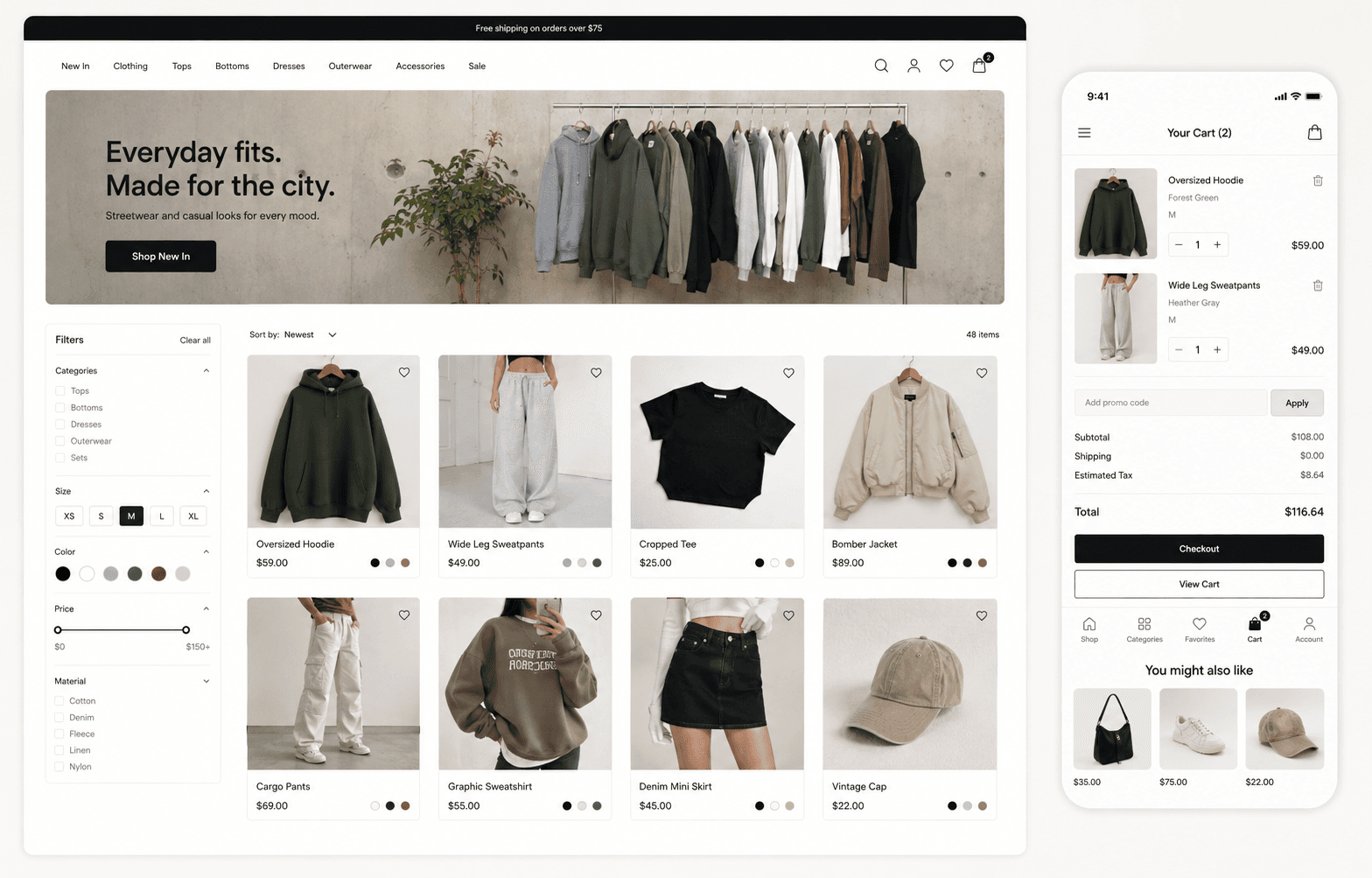 Mẫu website thời trang nữ streetwear có catalogue, lọc sản phẩm và chọn size