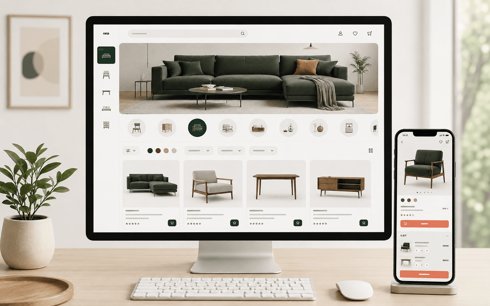 Mẫu website bán hàng với danh mục, bộ lọc sản phẩm, giỏ hàng và trang chi tiết trên điện thoại