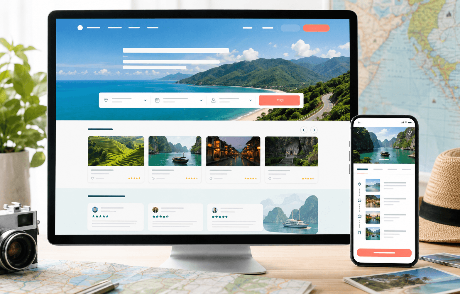 Mẫu website du lịch có tìm tour, lịch trình và giao diện đặt chỗ trên điện thoại