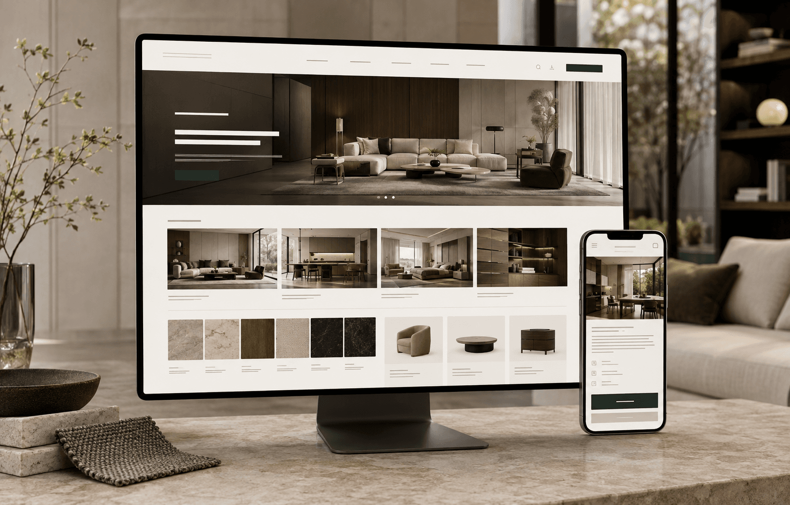 Mẫu website nội thất luxury với portfolio công trình, catalogue và CTA tư vấn trên điện thoại