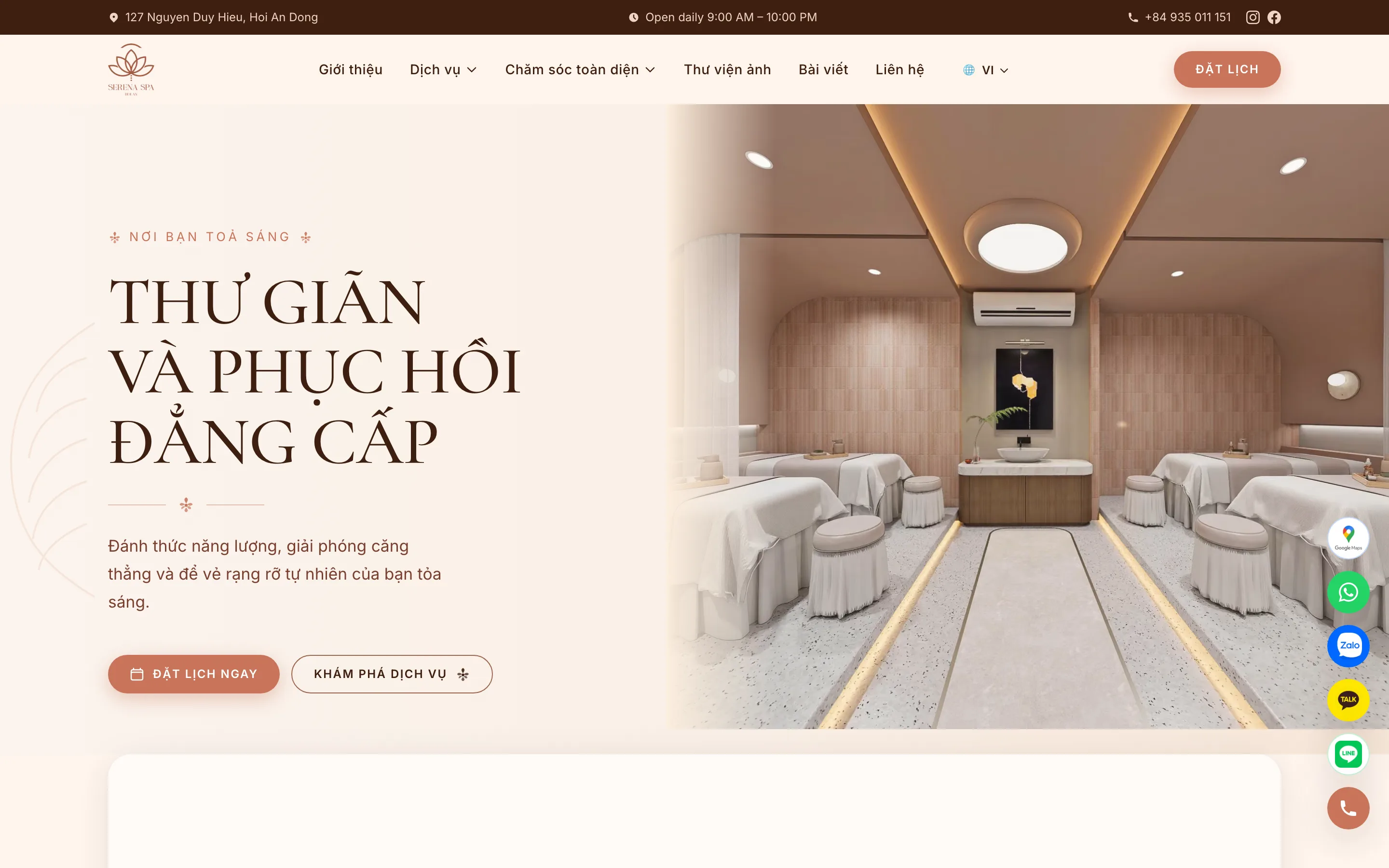Website Serena Retreat — spa tại Hội An