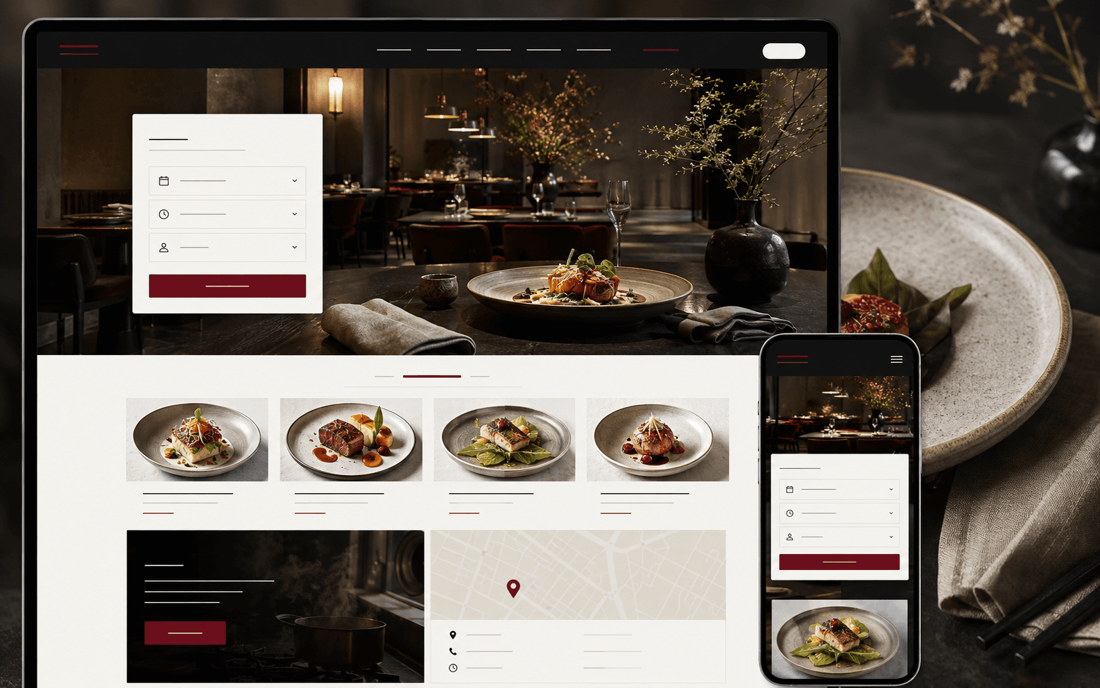 Mẫu website nhà hàng fine dining với đặt bàn theo ngày giờ và menu theo mùa trên desktop và điện thoại