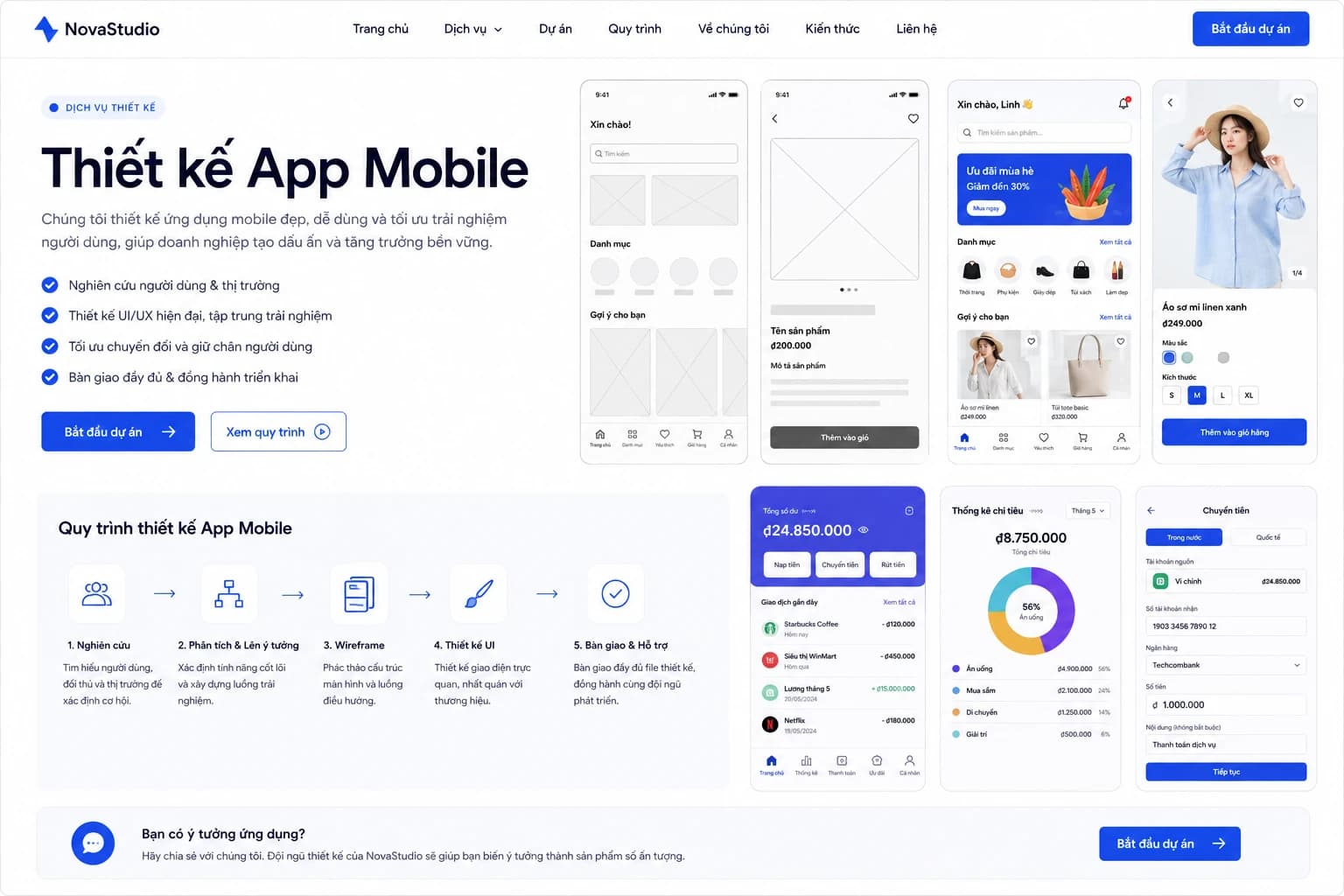 Trang thiết kế App Mobile với wireframe và giao diện sản phẩm