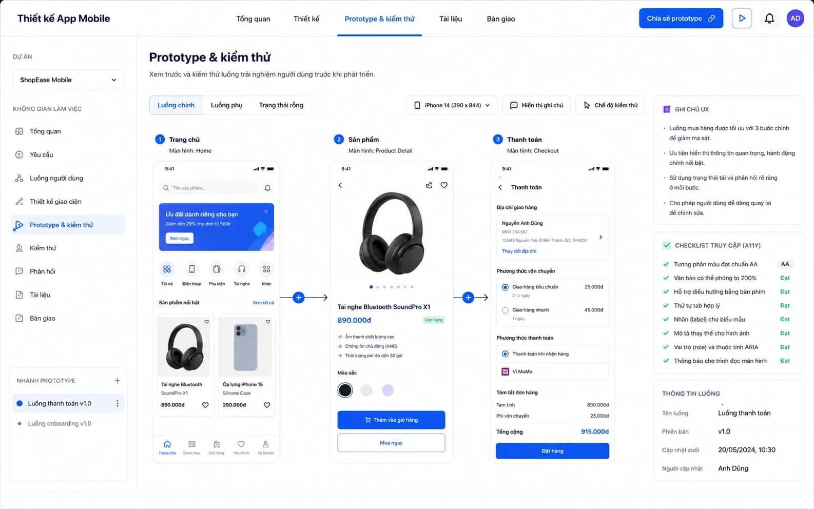 Bảng kiểm thử prototype và chất lượng App Mobile