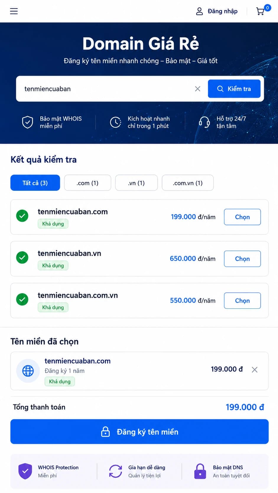 Giao diện responsive tìm kiếm tên miền