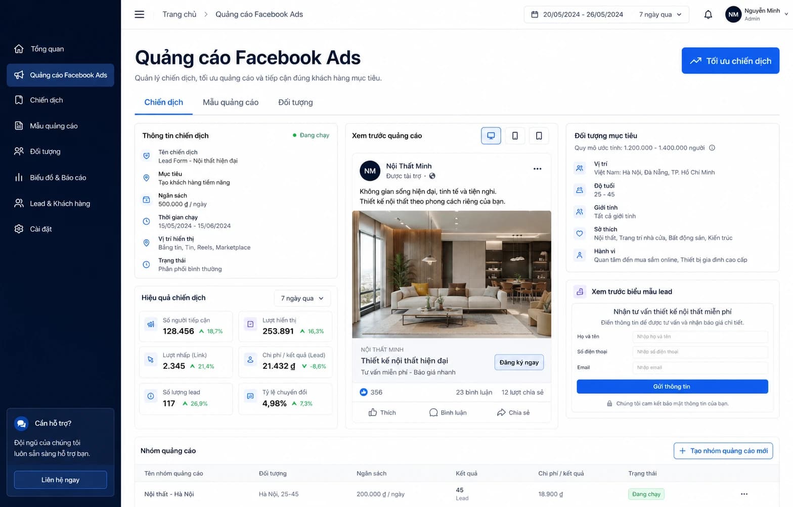 Trang quản trị chiến dịch Facebook Ads và lead form