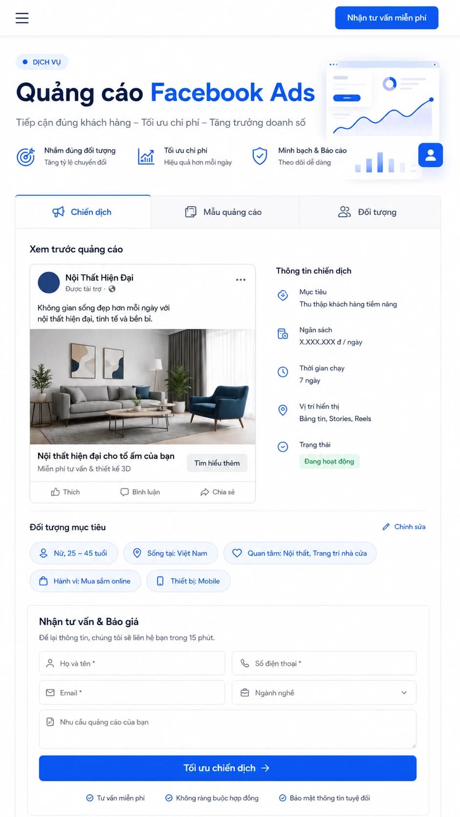 Giao diện responsive quản lý quảng cáo Facebook Ads