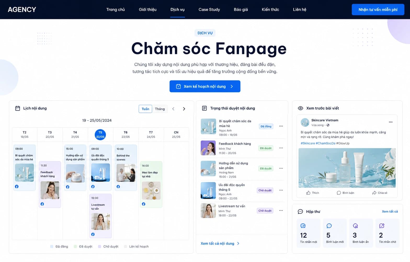 Trang quản lý lịch nội dung và phê duyệt Fanpage