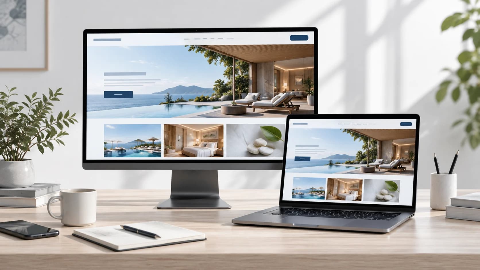 Màn hình máy tính và laptop cùng hiển thị giao diện website responsive